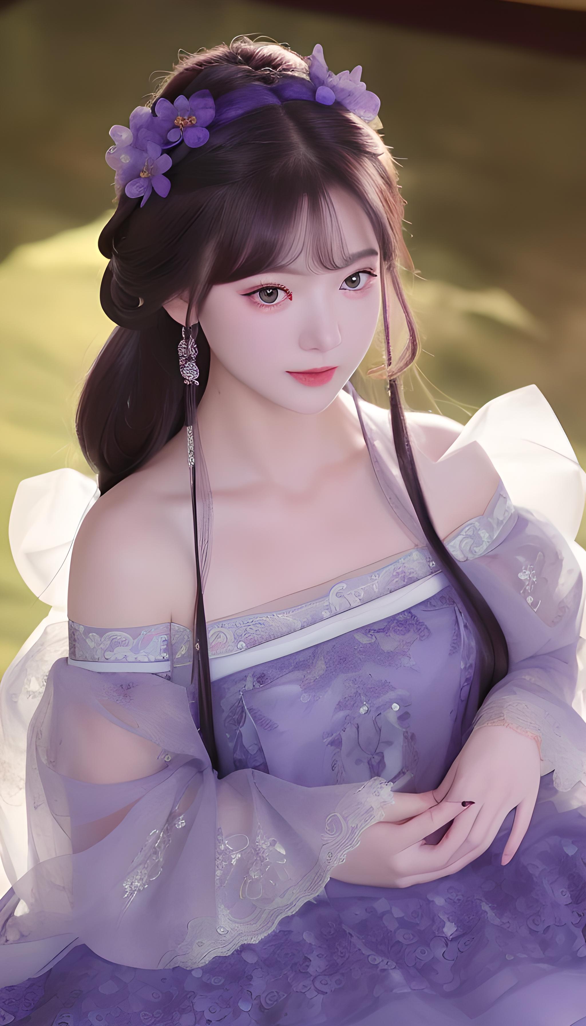 紫色露肩绣花薄纱古风汉服
