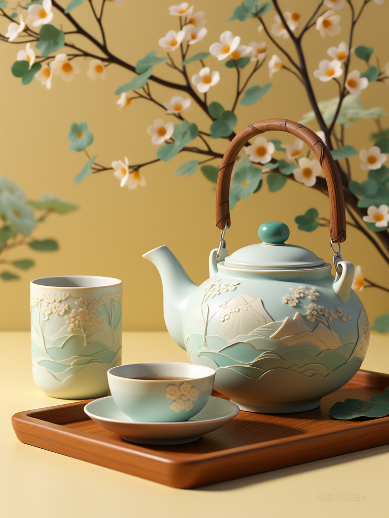 融合浙江与阿克苏自然风光元素的茶具套装