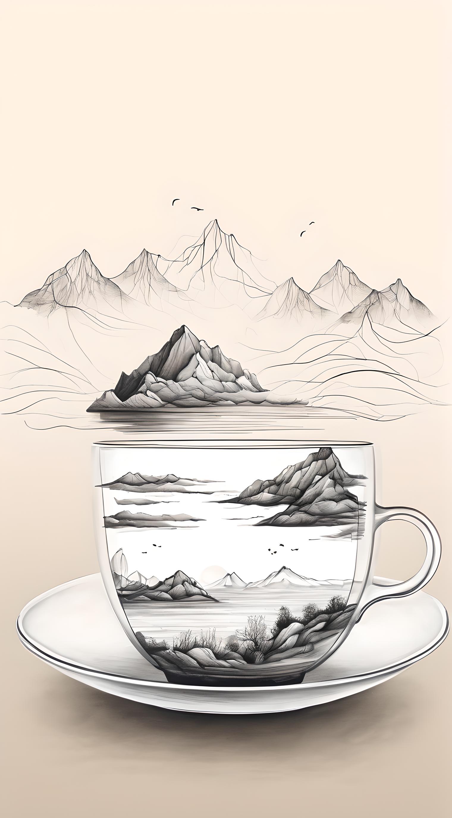 玻璃杯山水插画