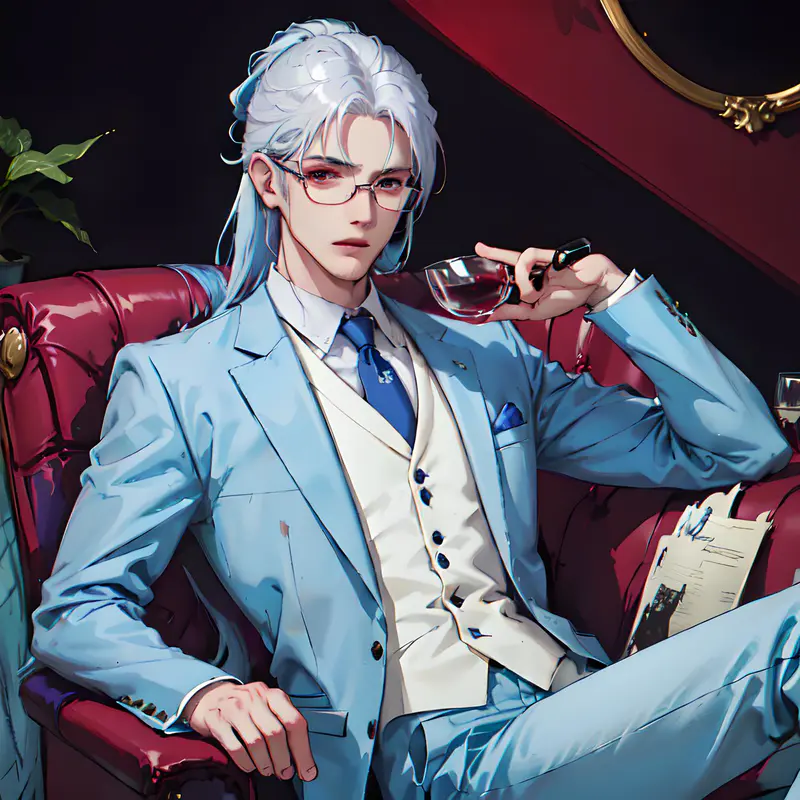 帅哥，蓝色眼镜，白发，坐在沙发上