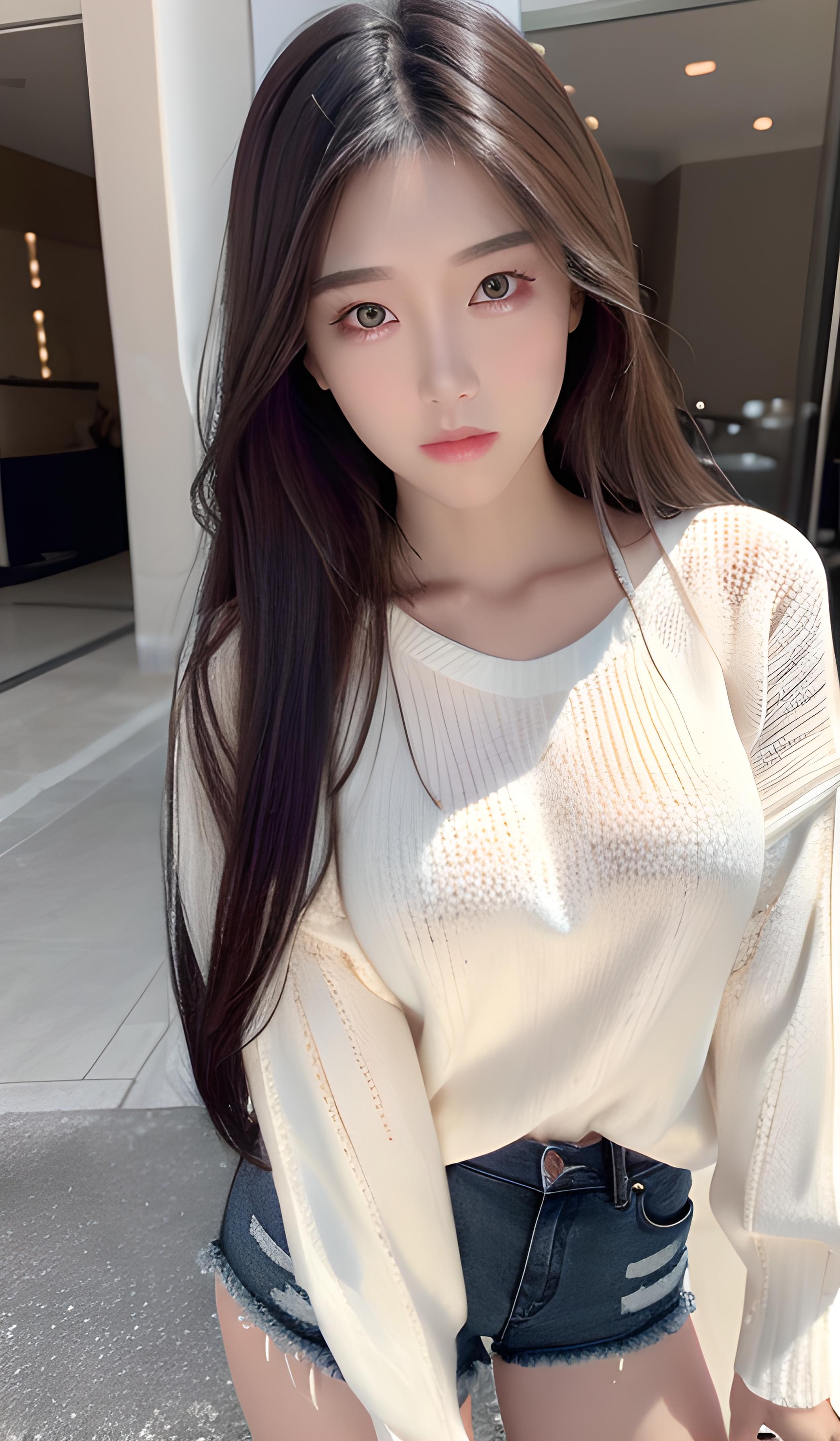 长发短裤美女街拍