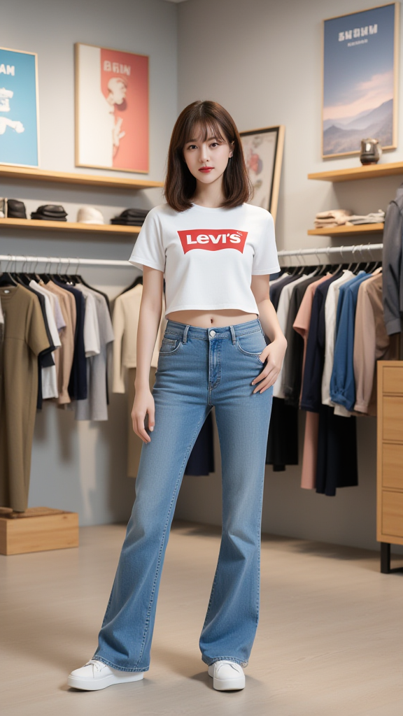 服装店女孩，牛仔裤展示