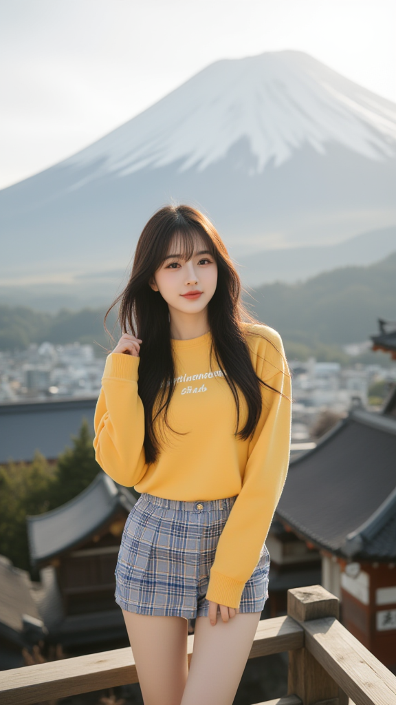 富士山背景的女孩