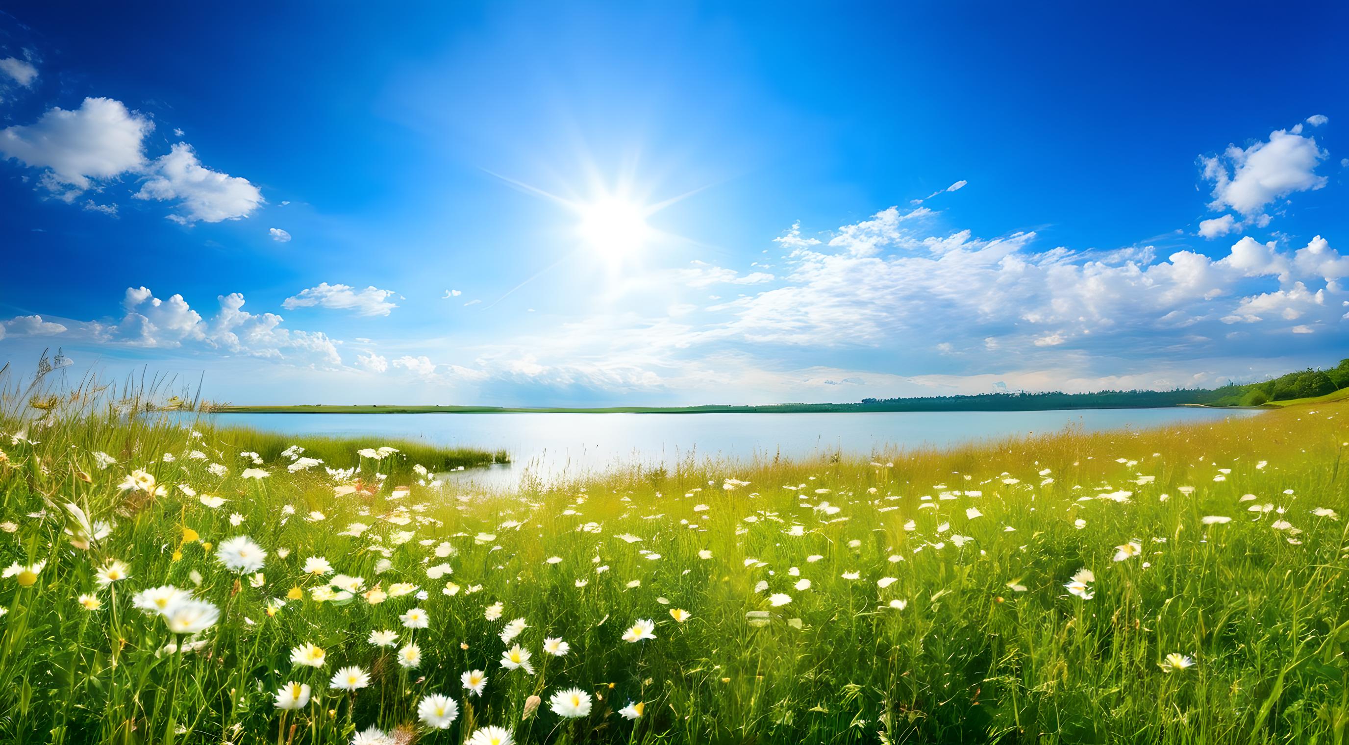 蓝天白云花海湖泊