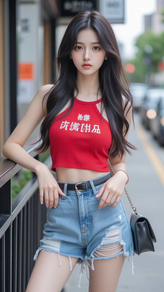 破洞牛仔短裤女孩