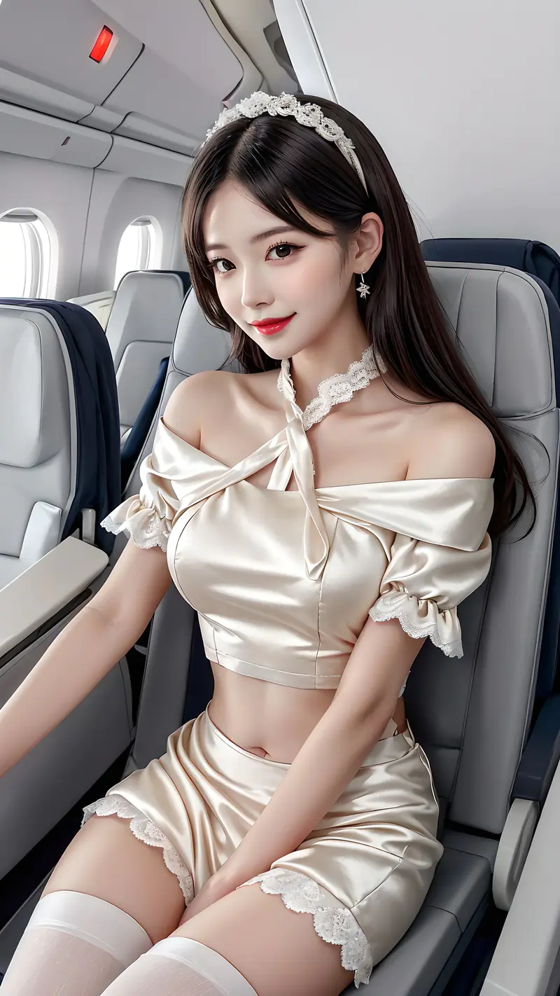 飞机客舱中的蕾丝丝绸露脐裙小姐姐