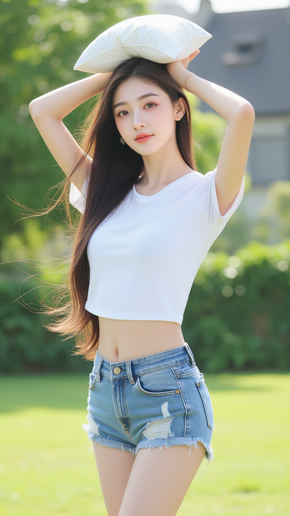 顶枕头的女孩