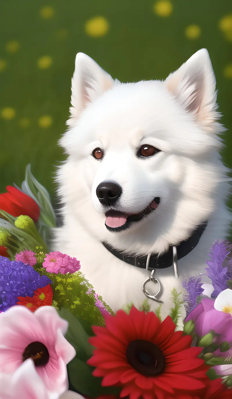 萨摩耶狗狗与花