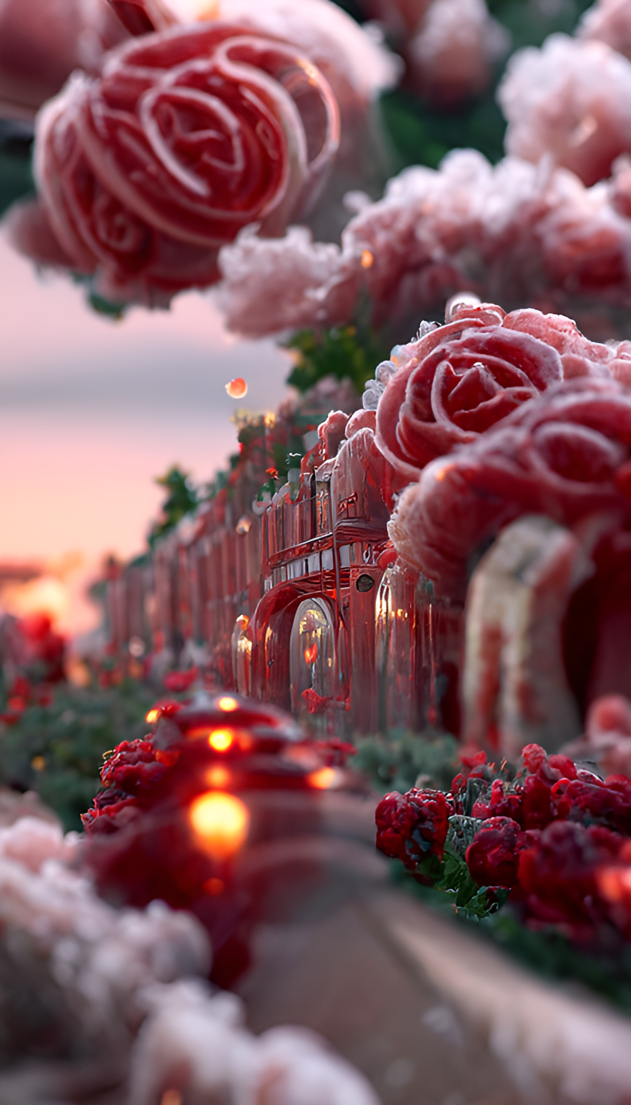 一条布满玫瑰的大道通往天空中宏伟的宫殿