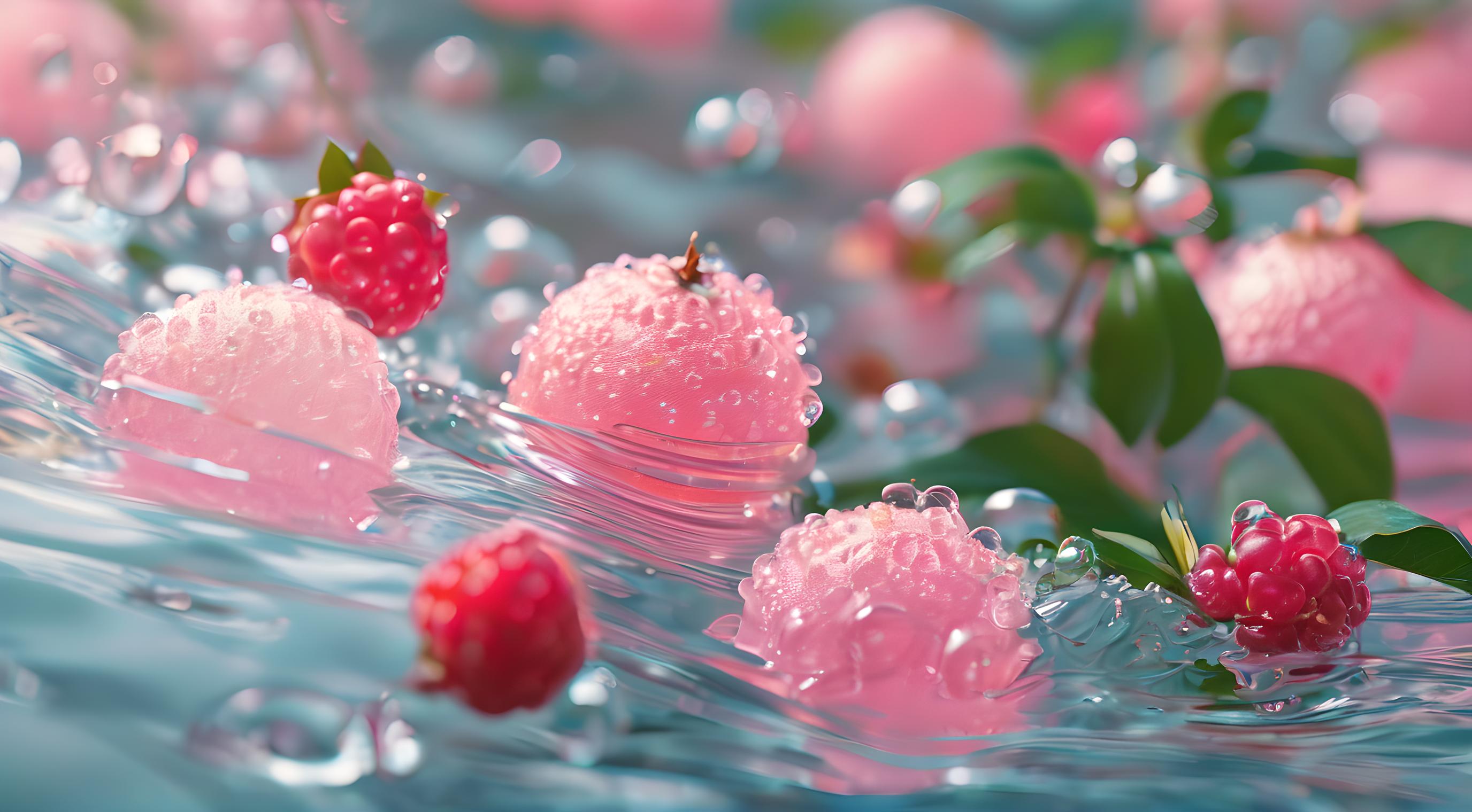 漂浮在水面的粉色荔枝和红树莓