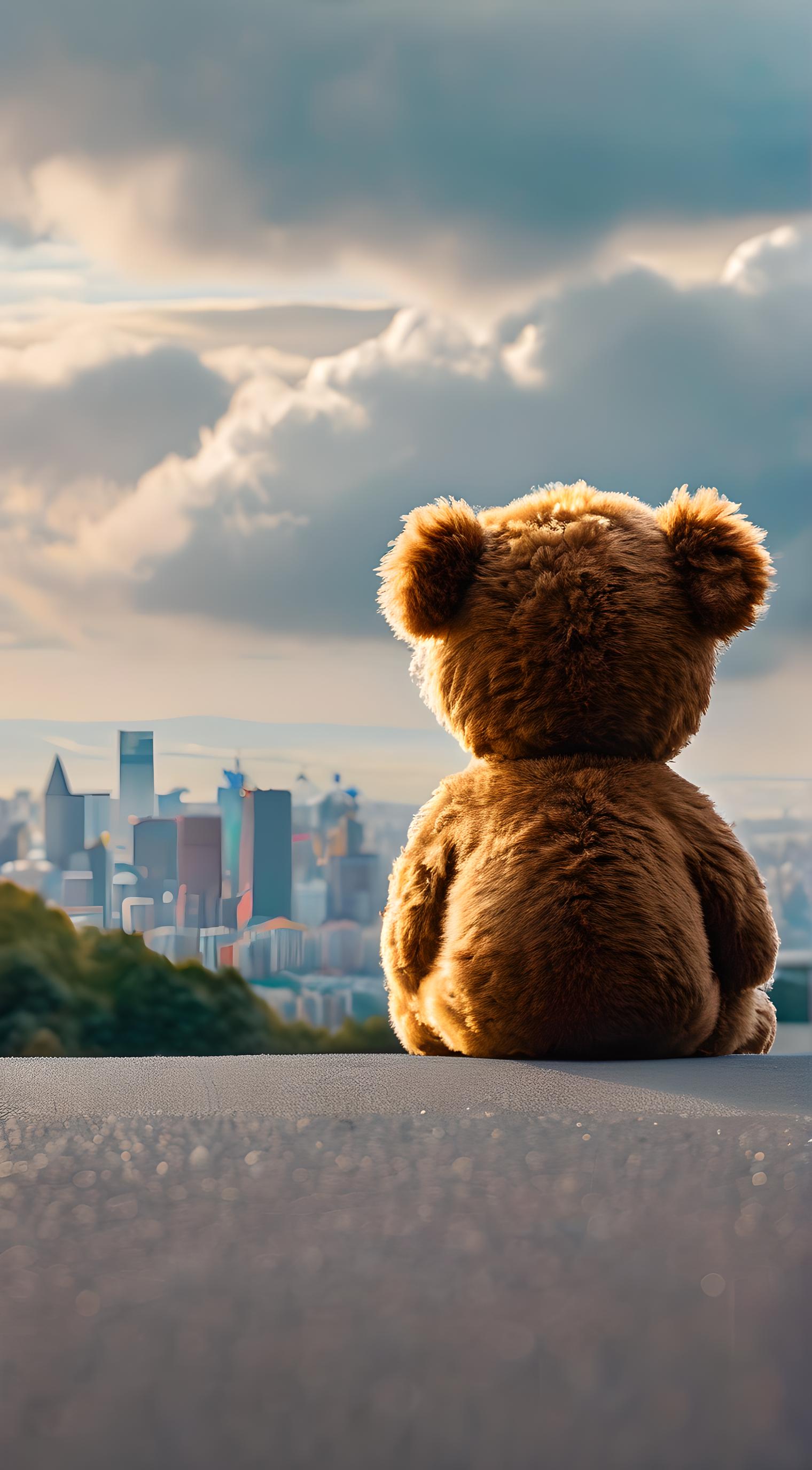 眺望城市的小熊玩具