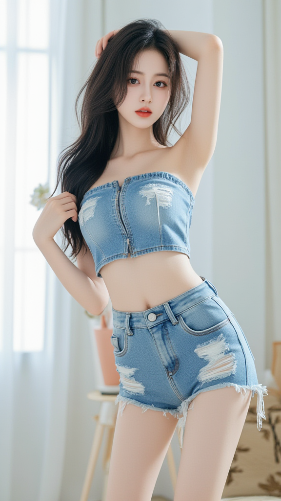 破洞牛仔短裤女孩