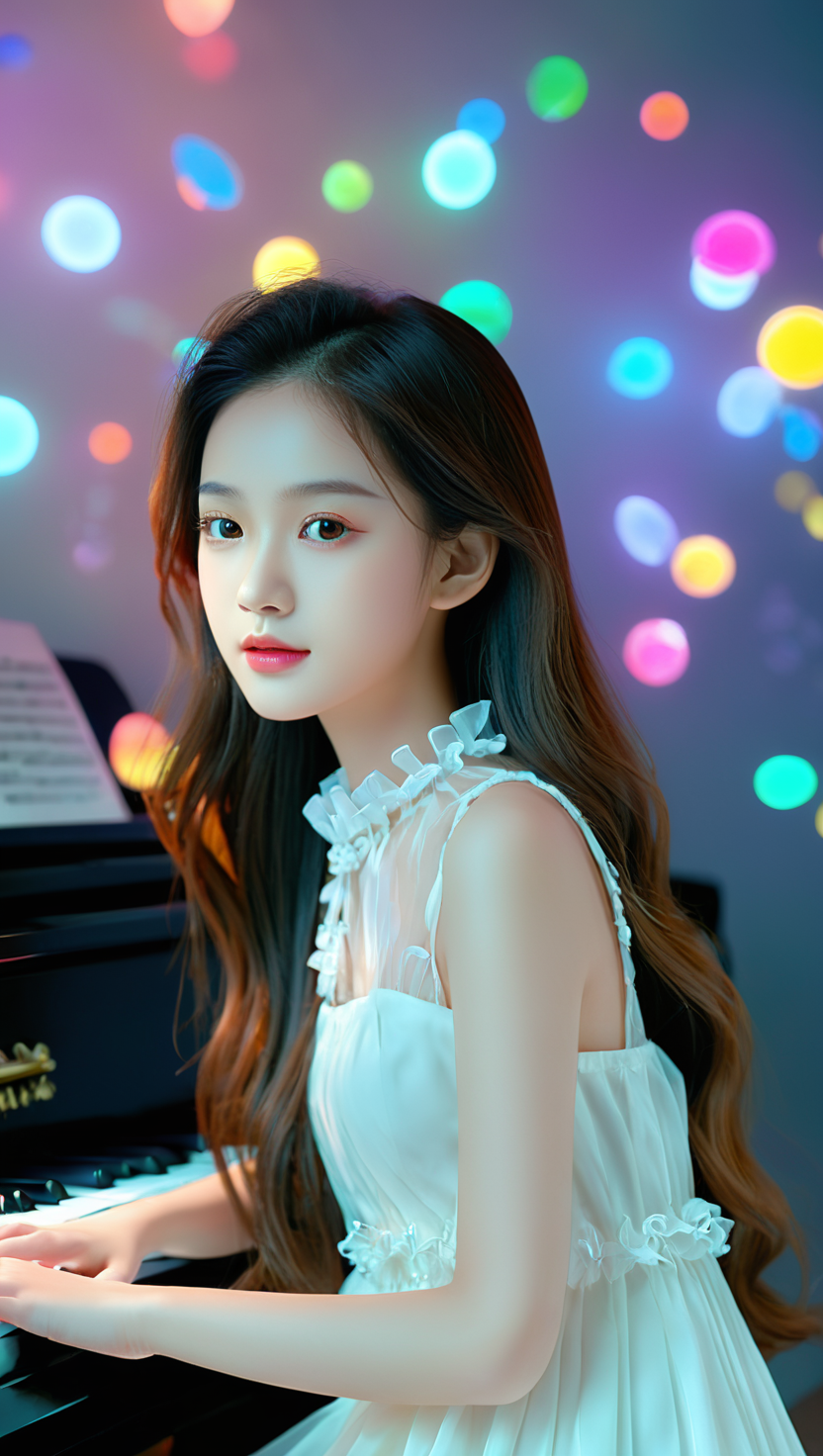 弹钢琴的女孩·夏日白裙美女