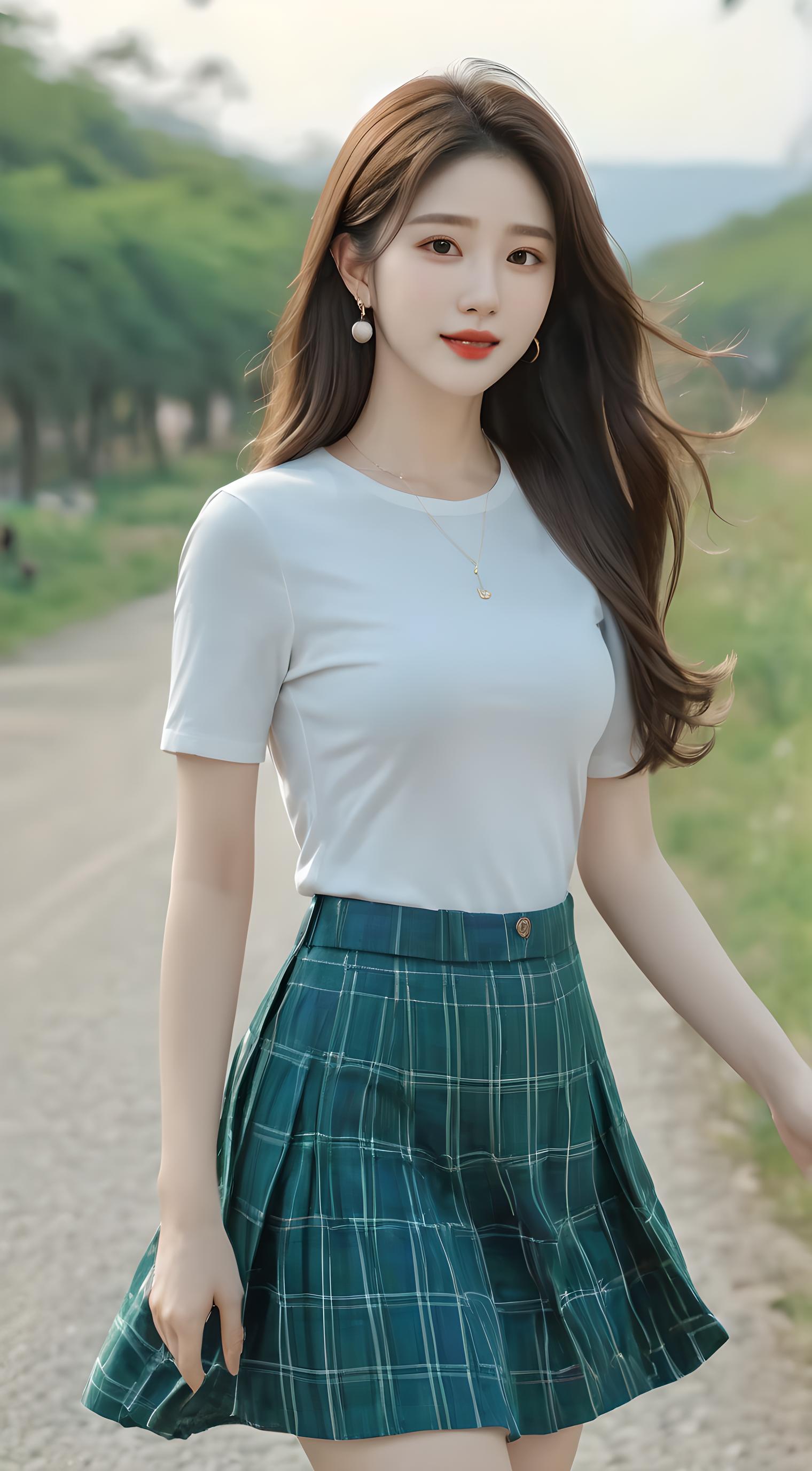 绿色格子短袖美女