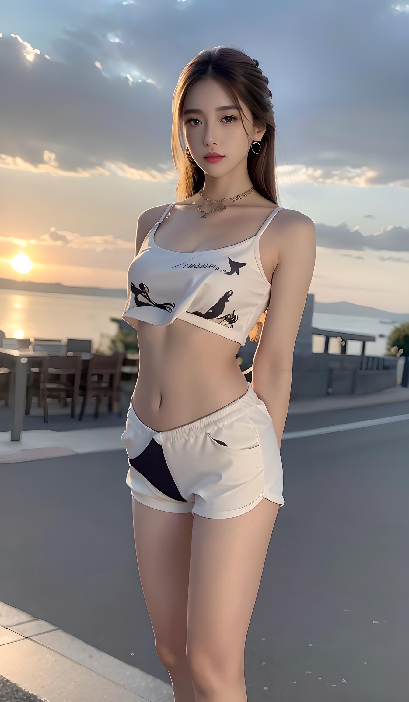 美女超自然美景夕阳余晖逆光海霞