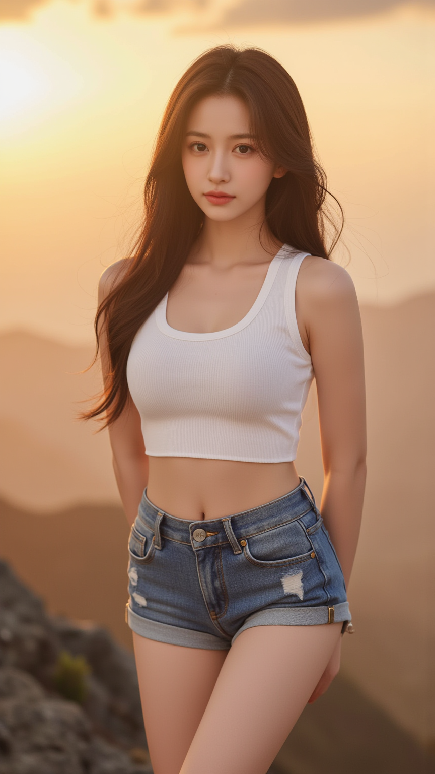 极简主义，落日余晖下的女孩