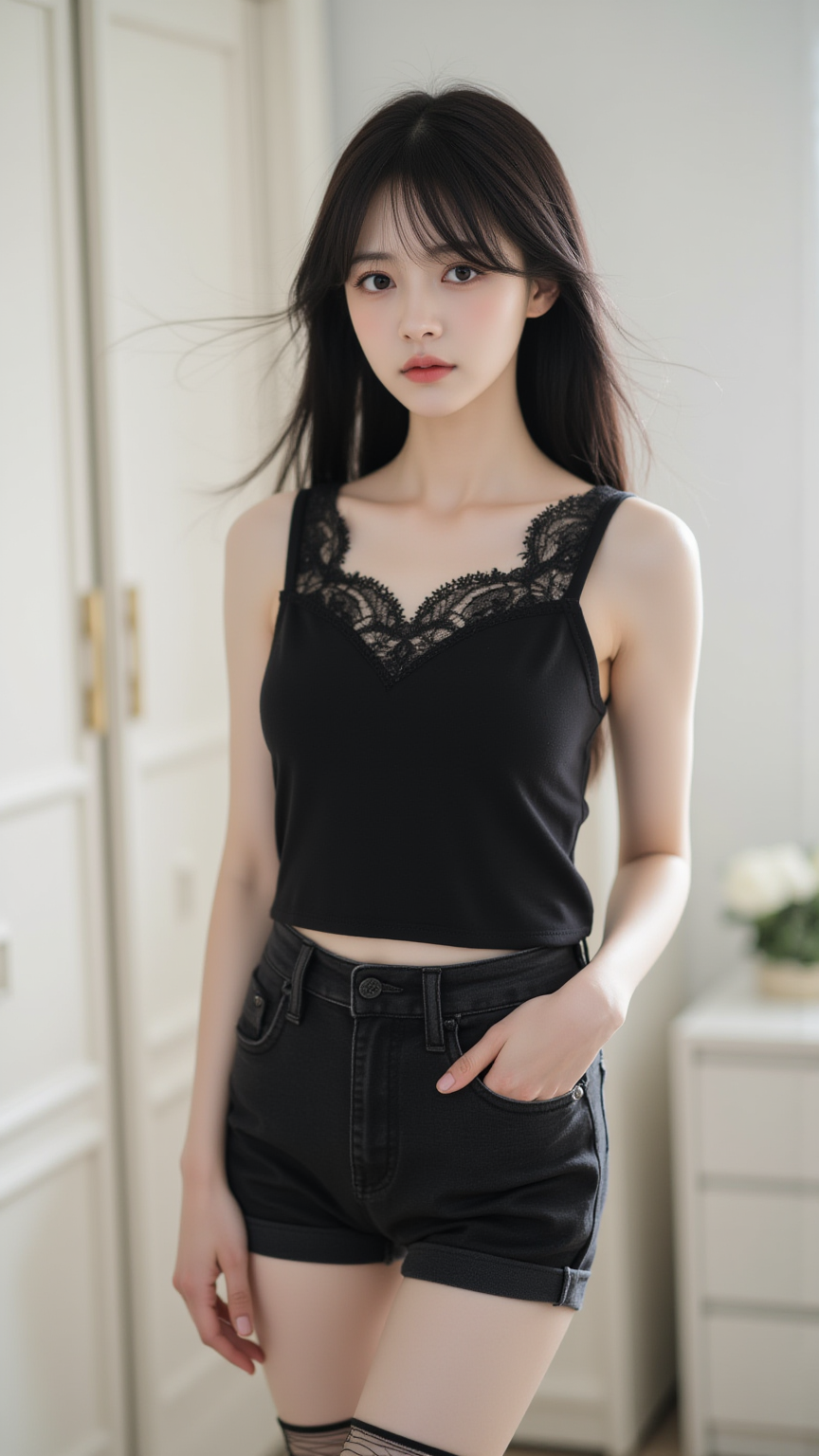 黑色牛仔短裤女孩