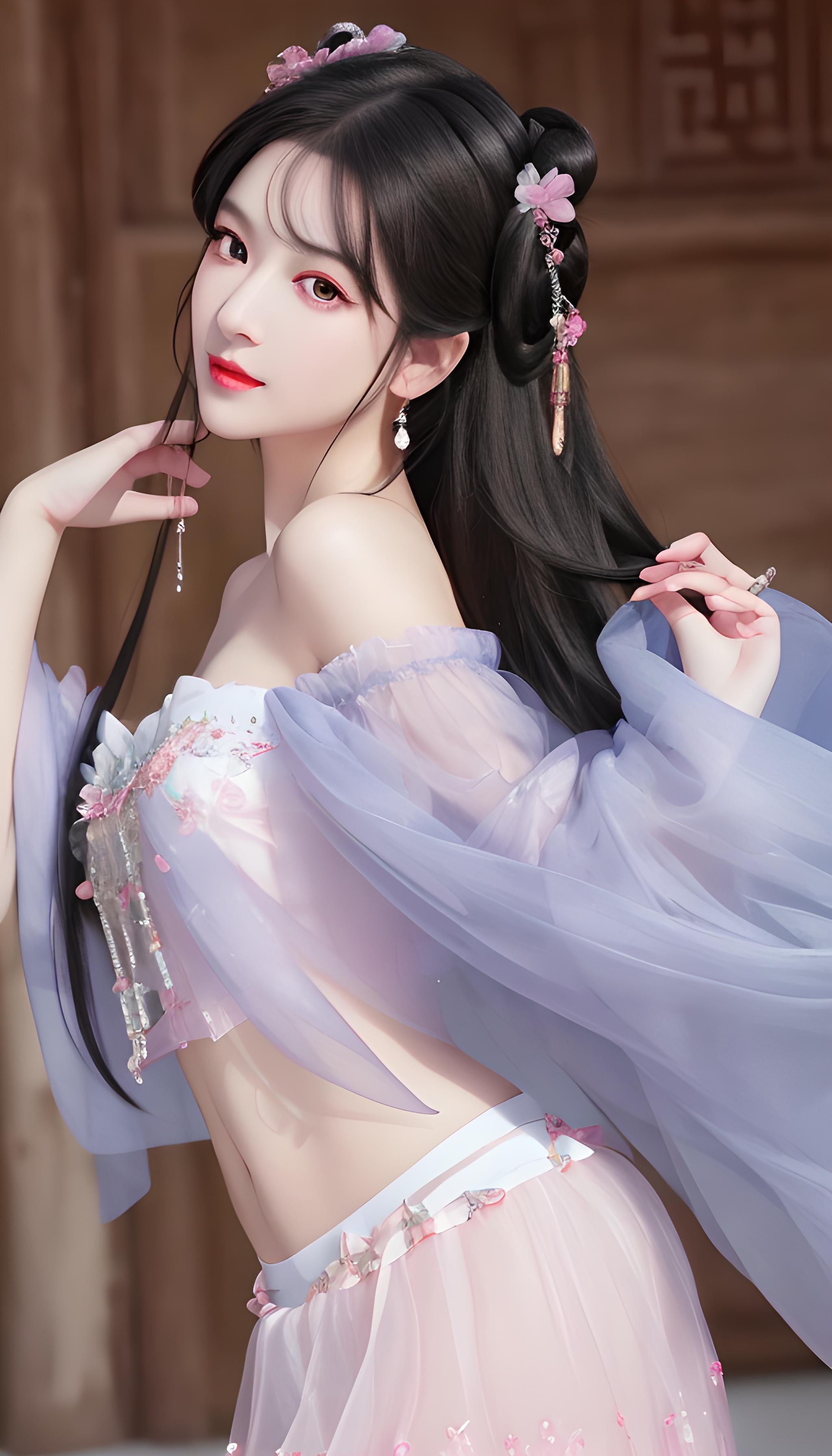 紫粉飘逸轻纱露脐裙