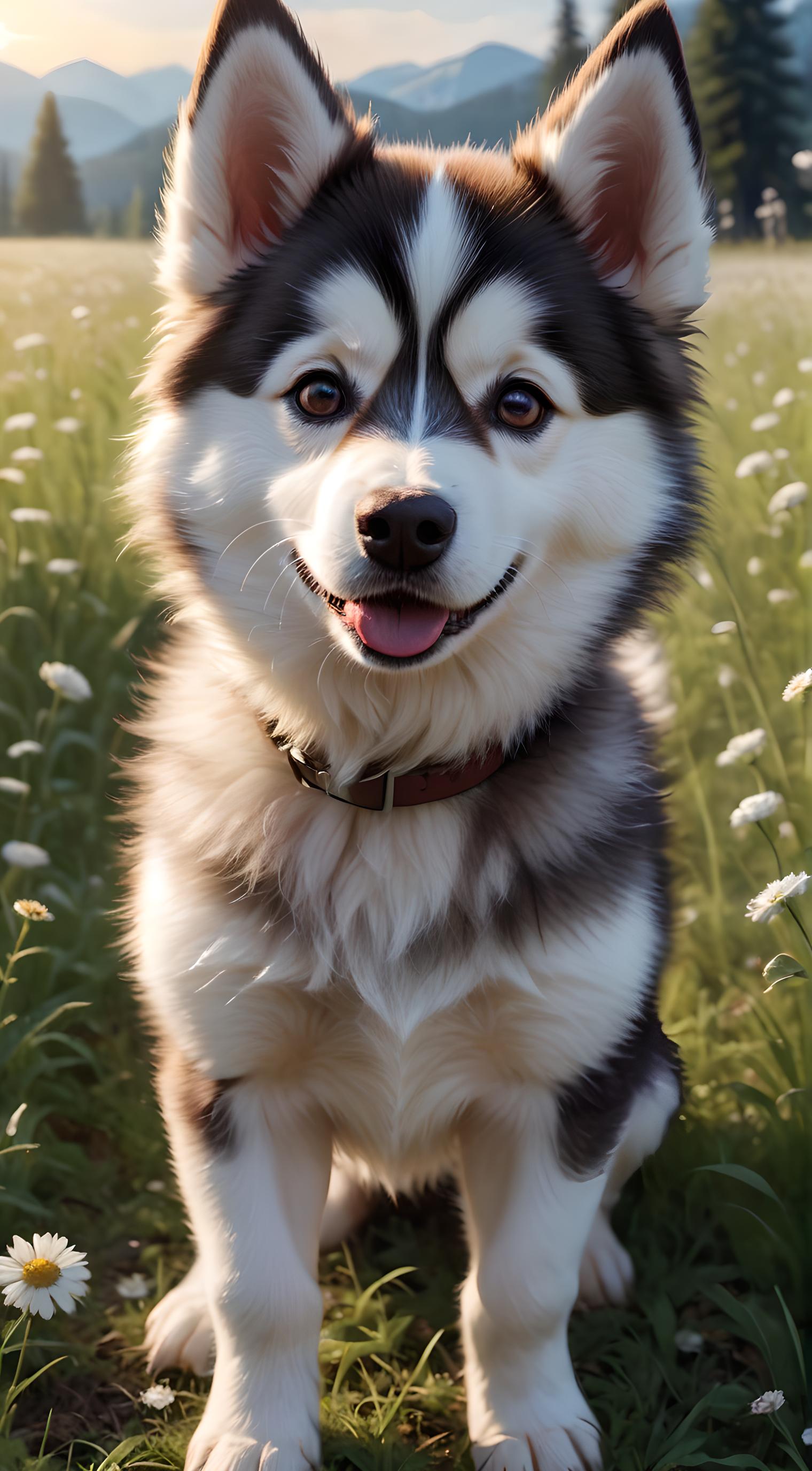 动物 可爱 哈士奇犬  草地 森林 野花