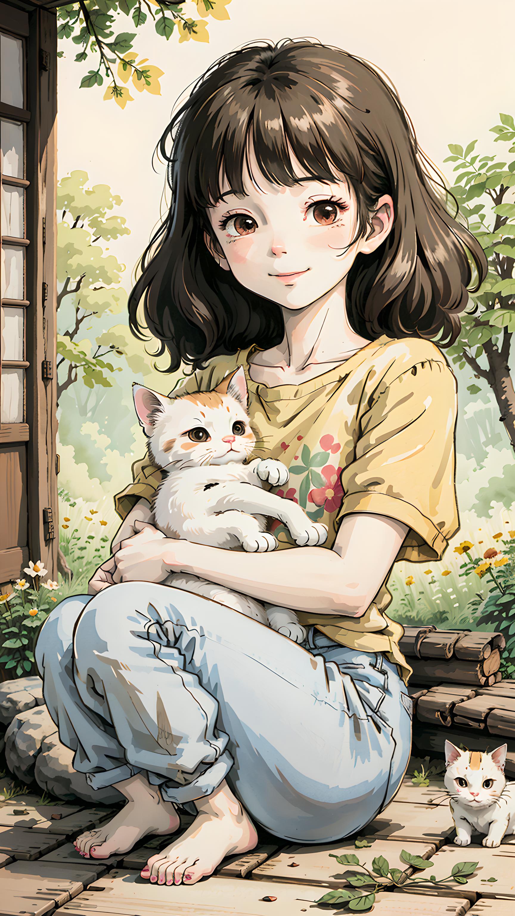 小女孩溜猫咪