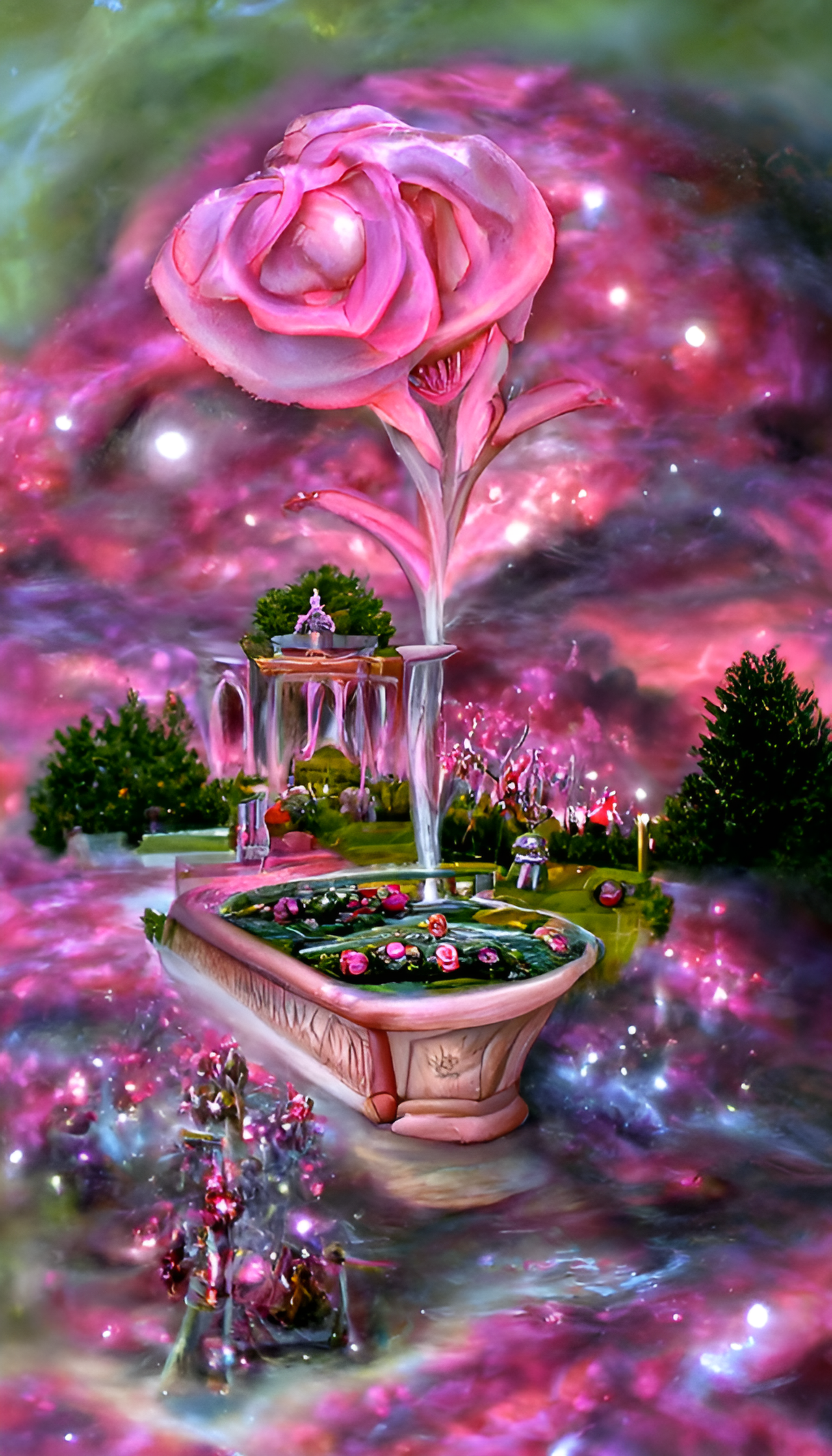 粉色玫瑰园，喷泉和树木，