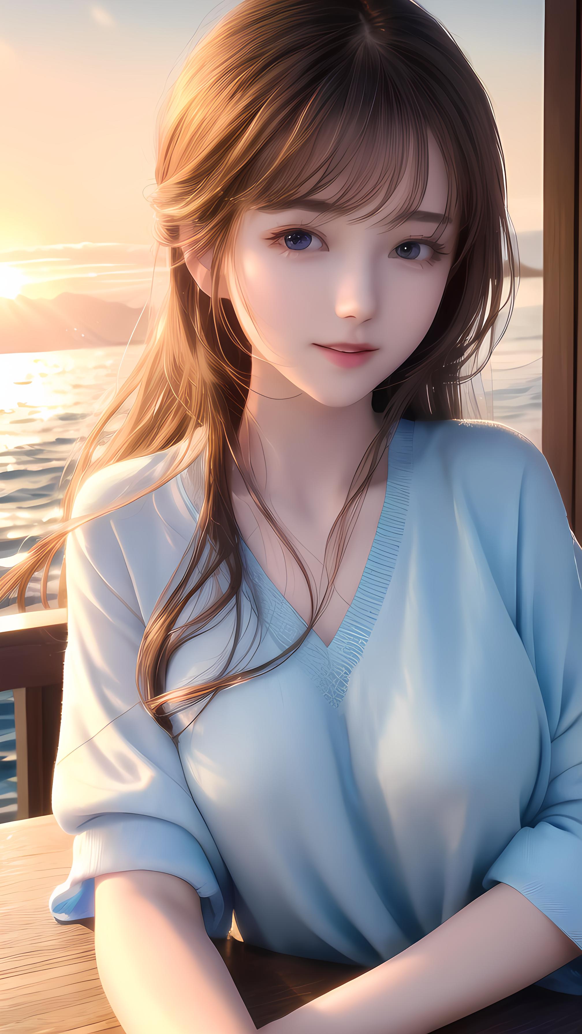 海边蓝色毛衣女孩