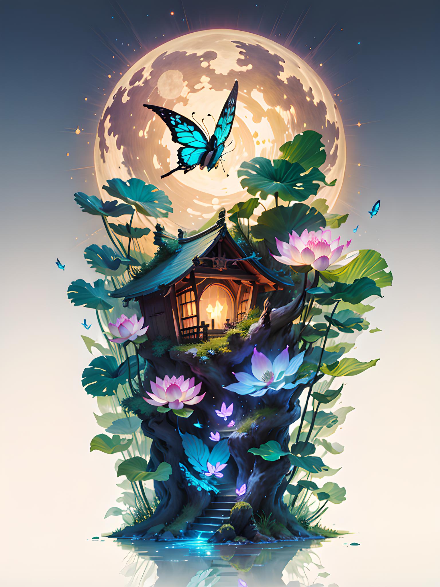 莲花，荷花，庭院灯，与月色