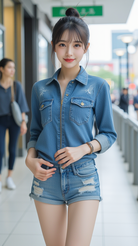 丸子头牛仔套装女孩