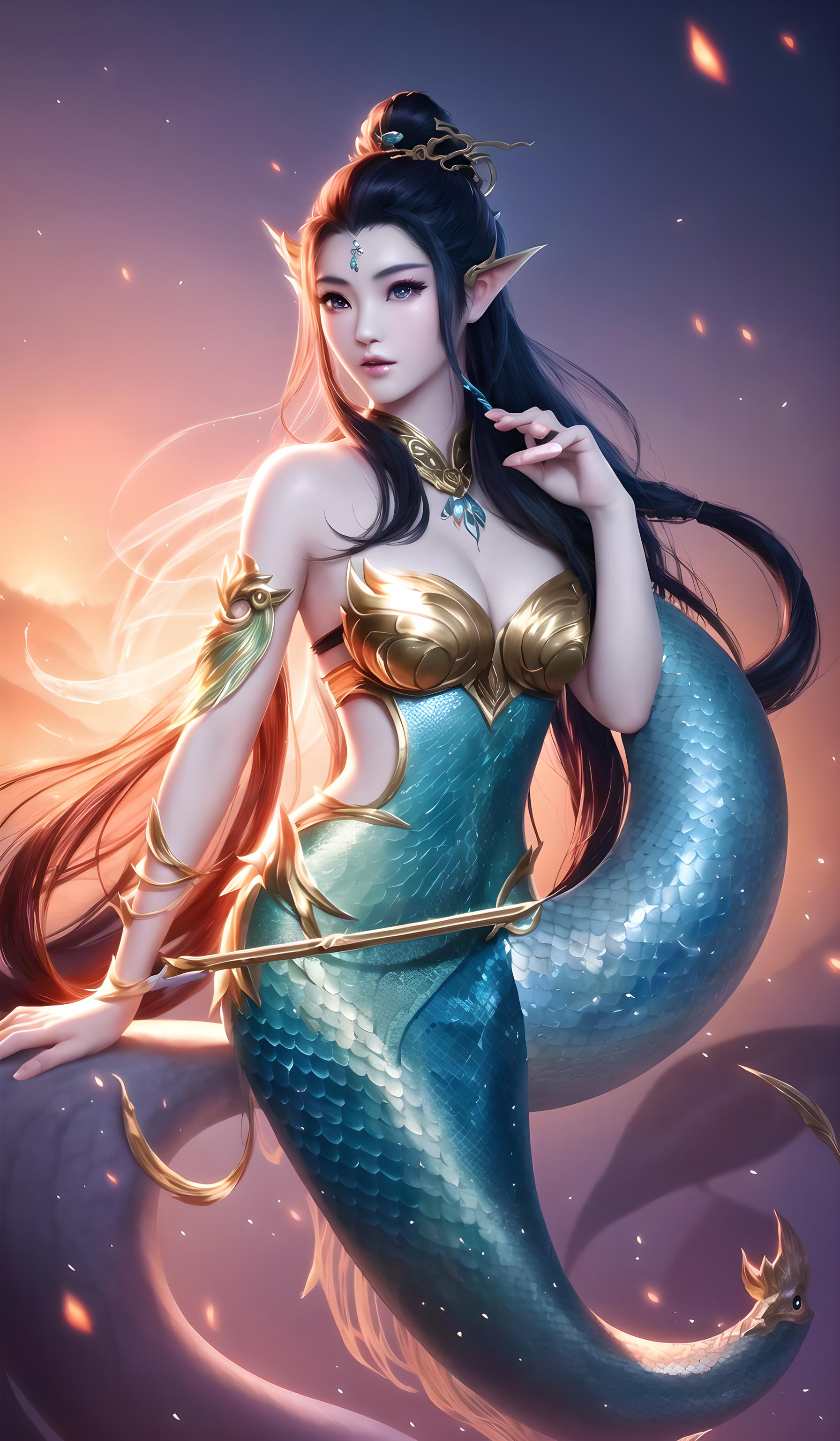 蛇尾蛇身或人身鱼尾美艳女子女妖，古装