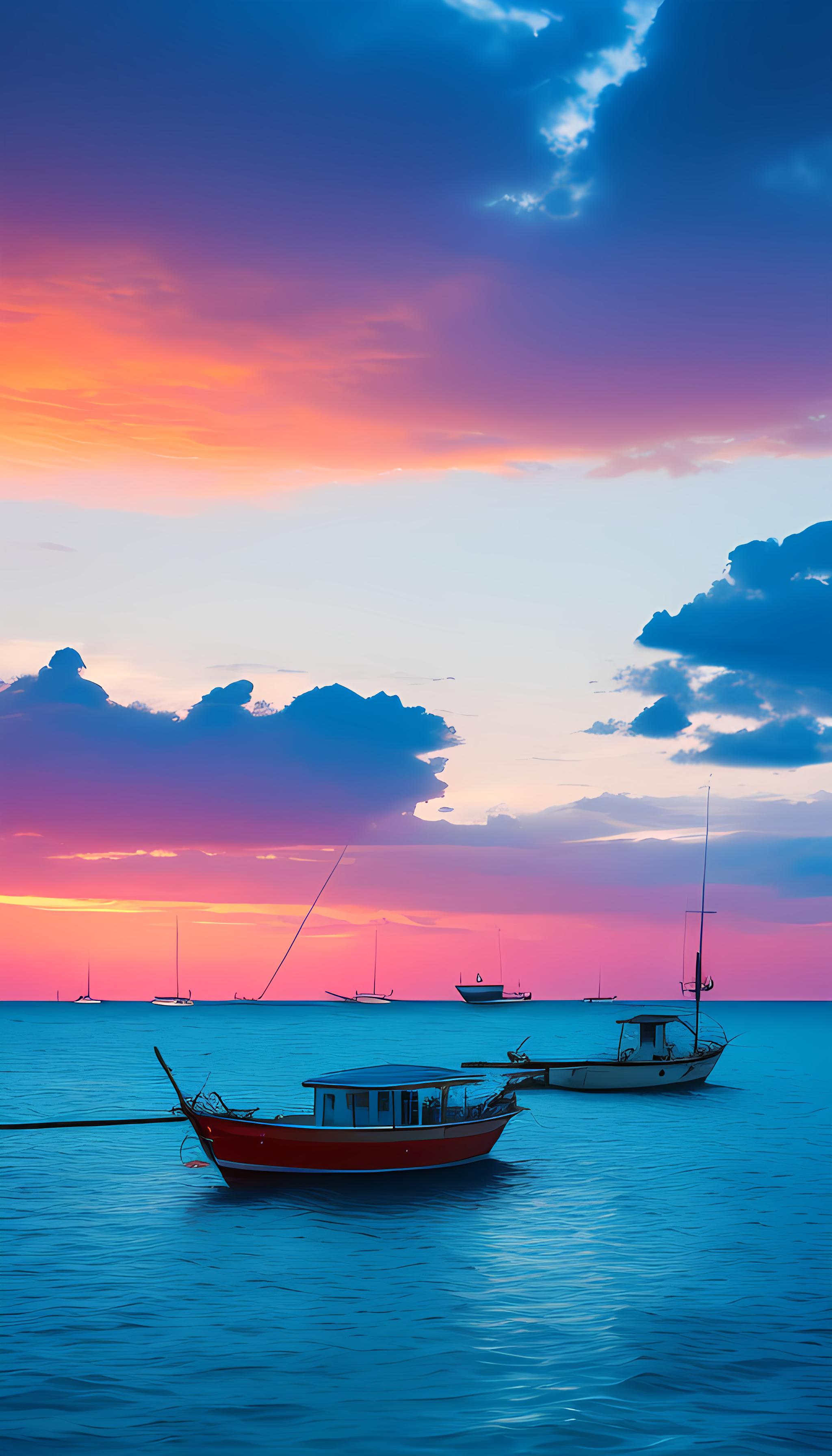 夕阳西下，海上独垂钓。