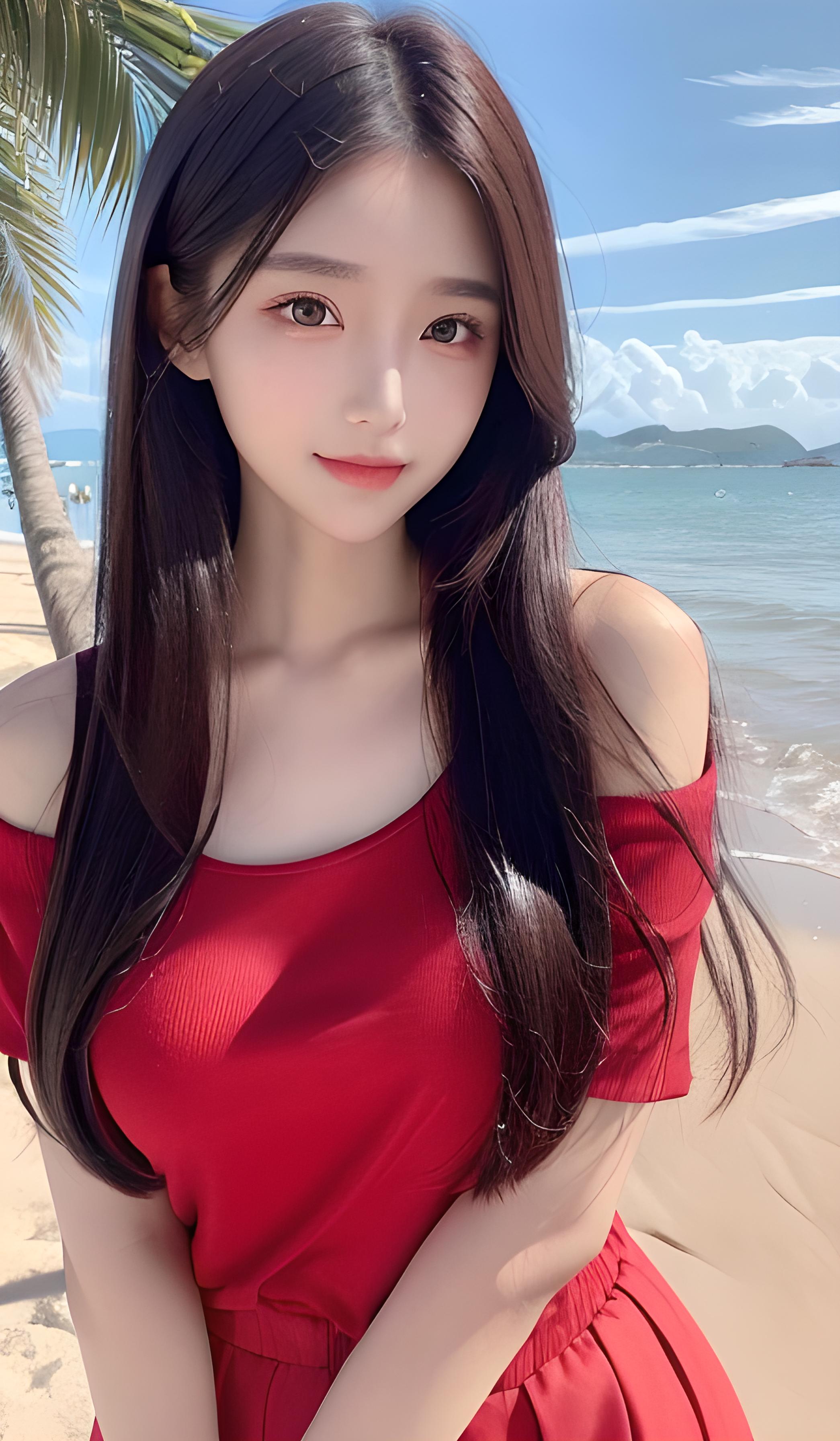 海边的红裙子美女 