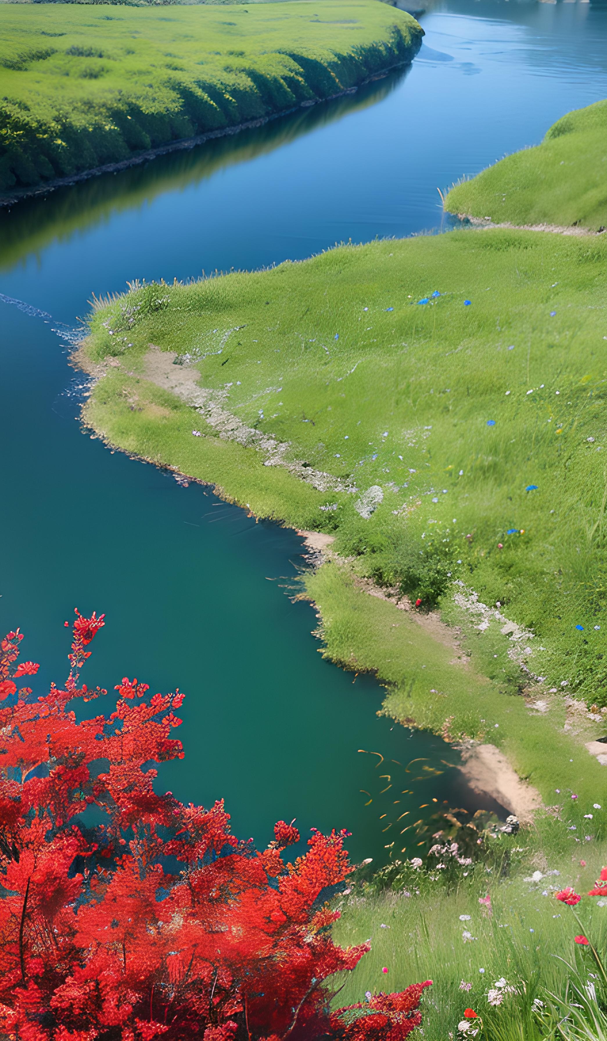 草地溪水