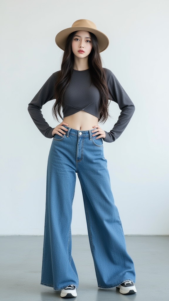 宽腿牛仔裤女孩