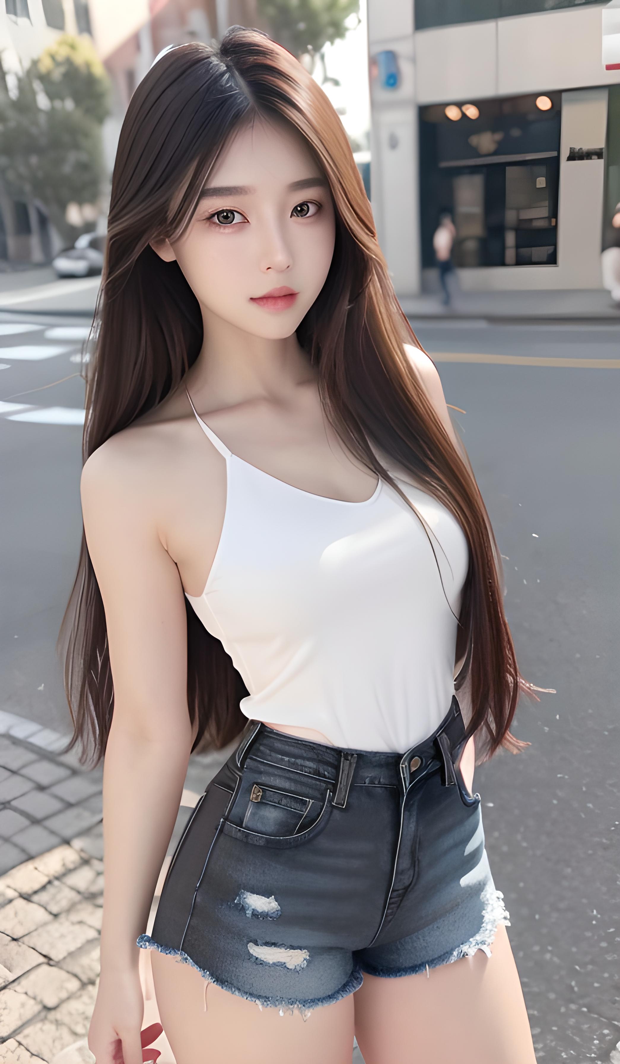 长发短裤美女街拍