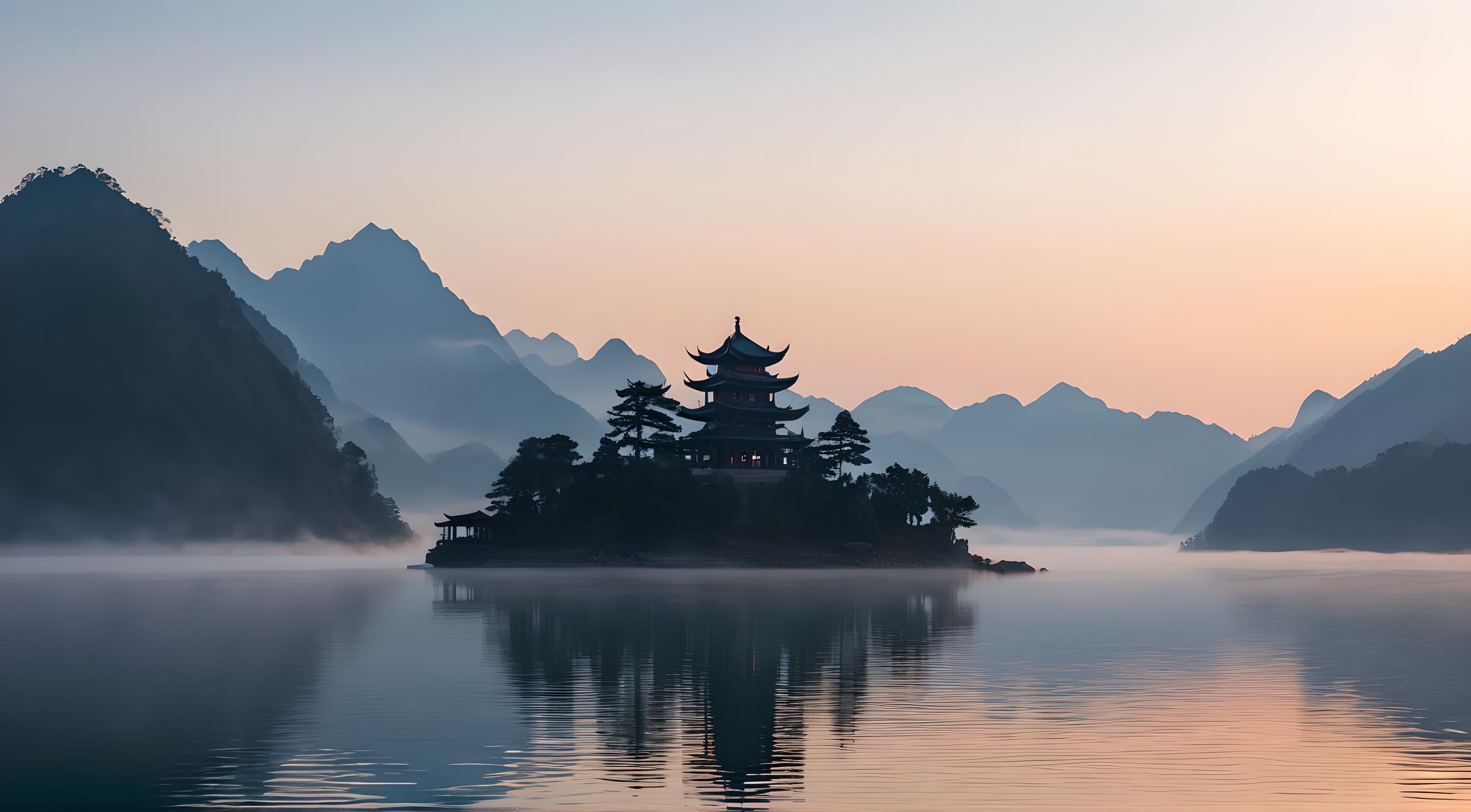 阳光透过云层洒落在湖面上