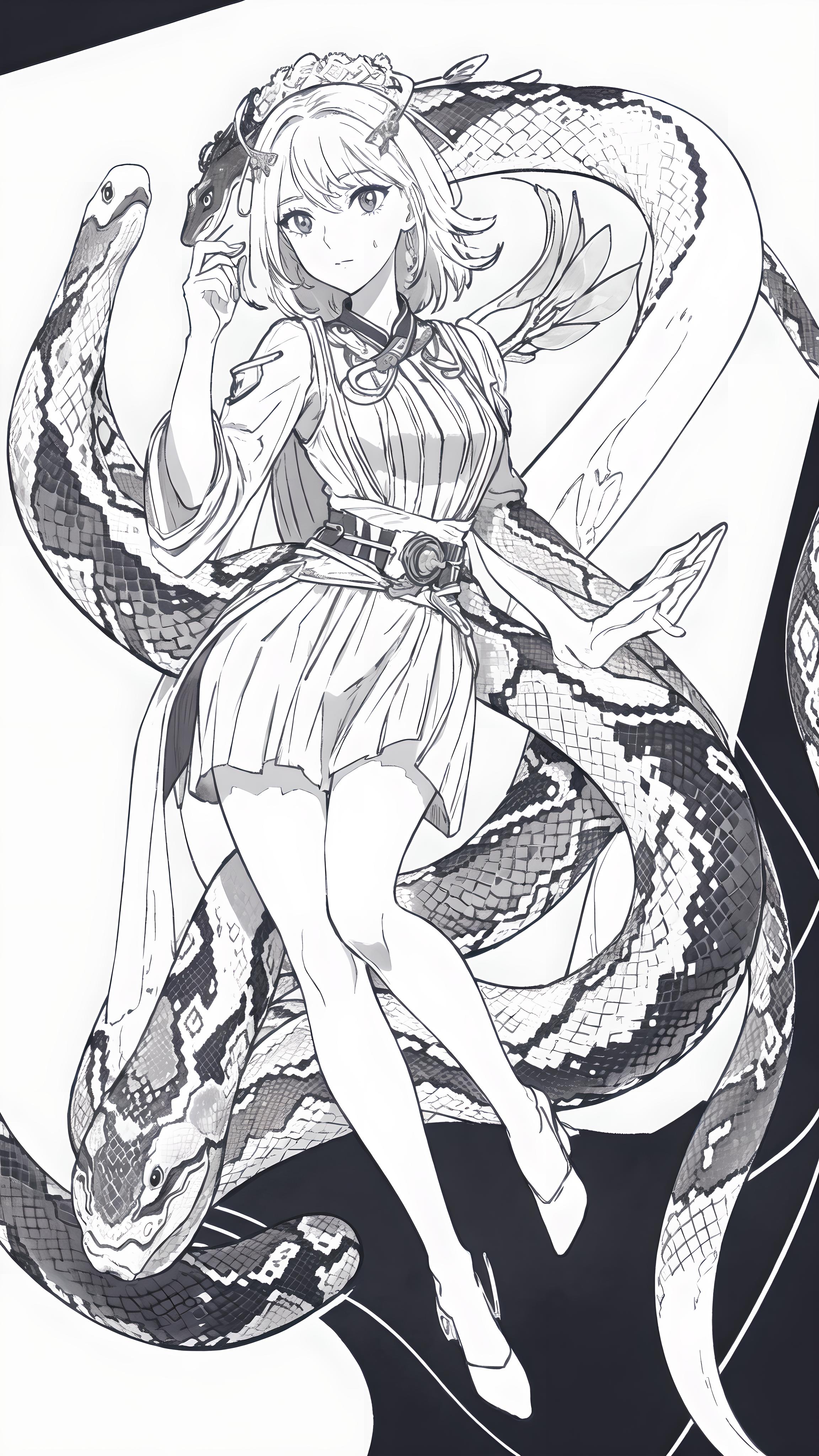 黑白风，少女，蛇环绕