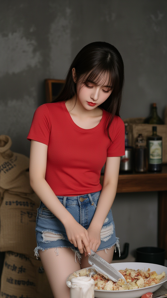 红色T恤的农村姑娘