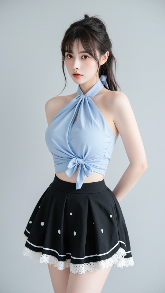 黑色蕾丝边短裙女孩