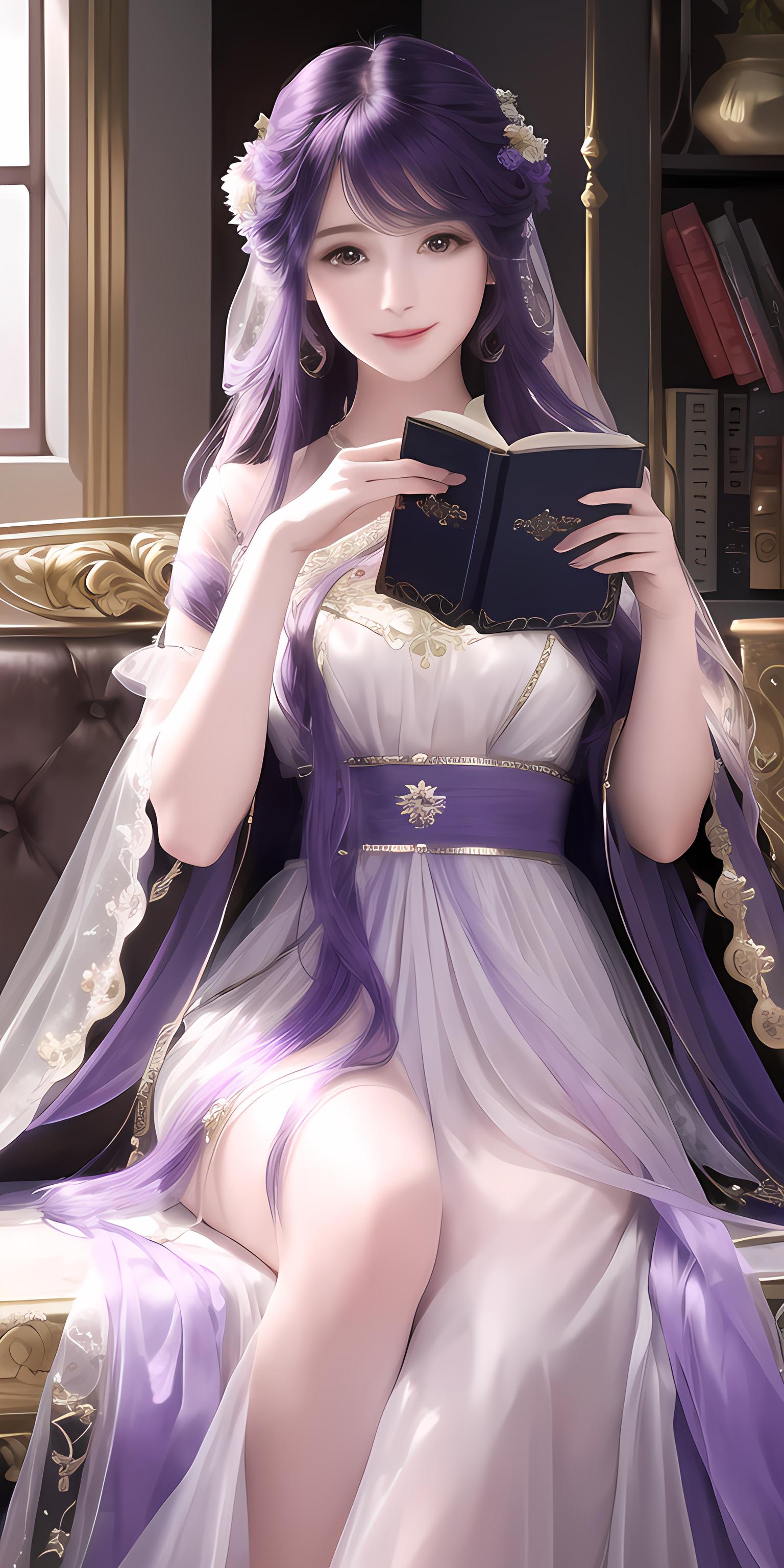 紫发美女看书