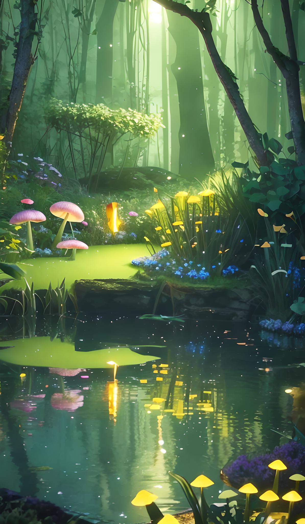 池塘，发光的植物