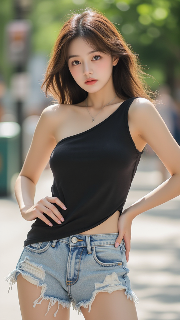 破洞牛仔短裤女孩