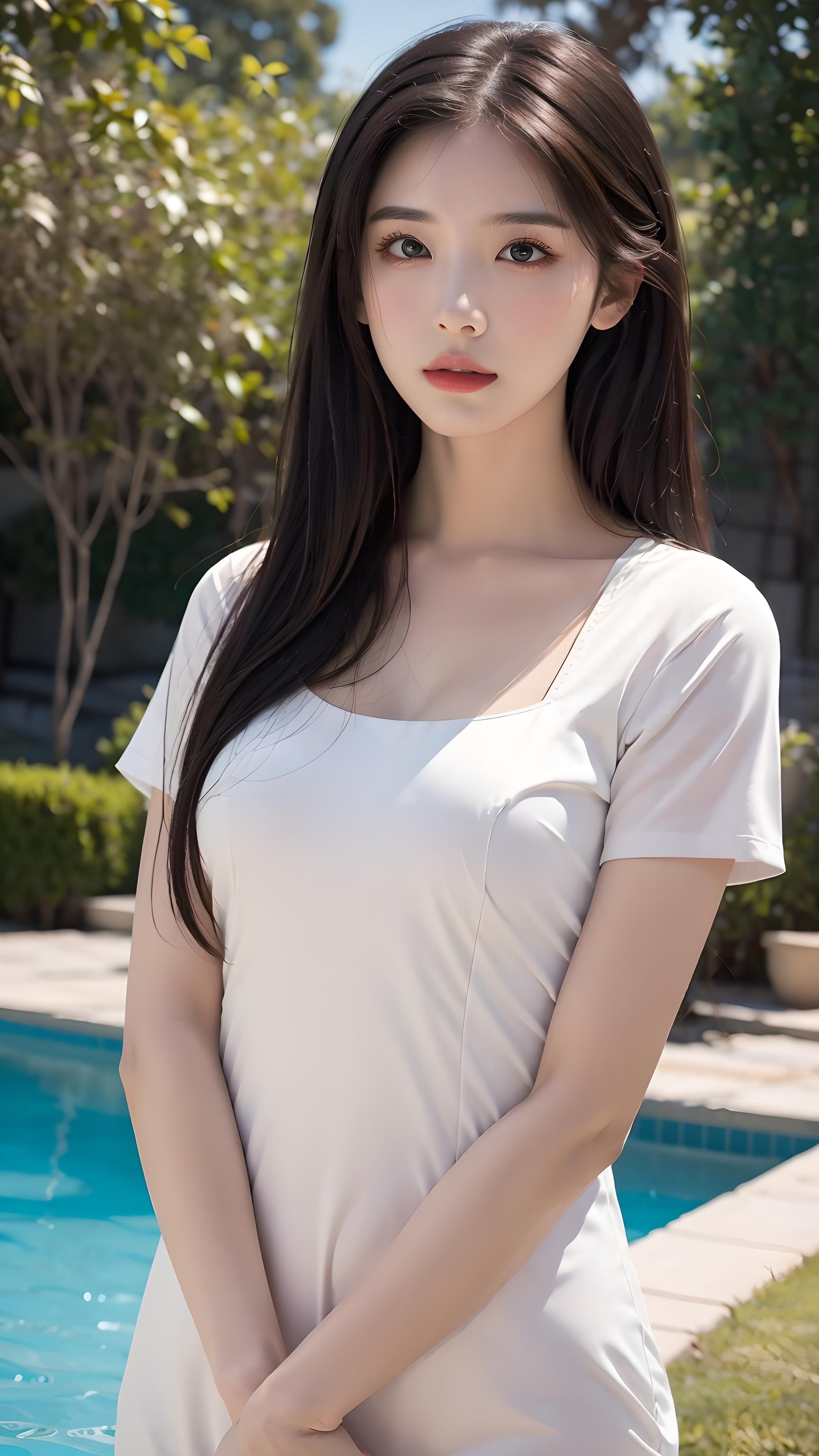 泳池边的少女