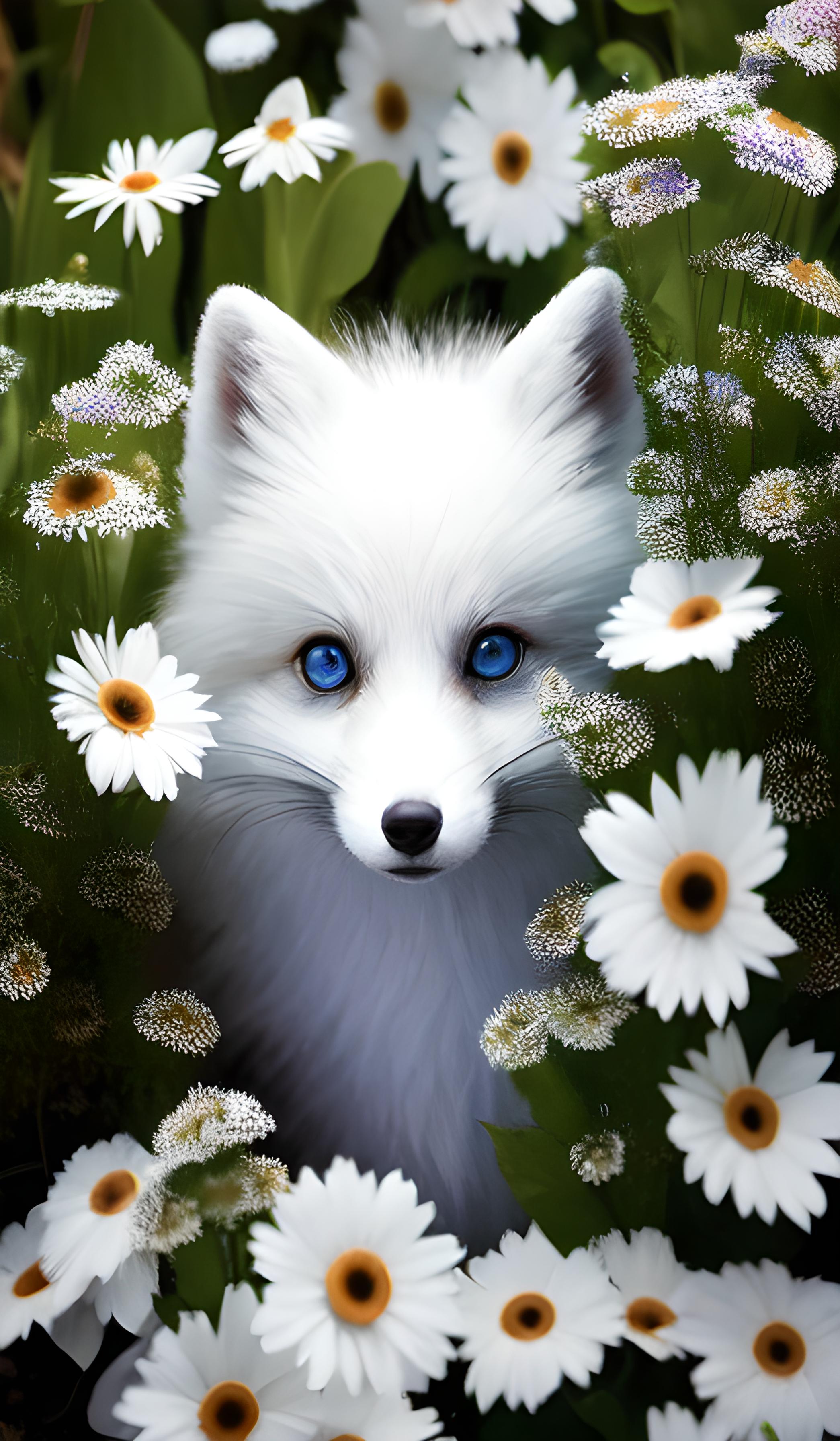 花丛中玩耍的白狐