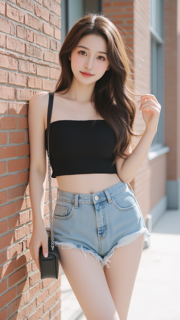 毛边牛仔短裤女孩