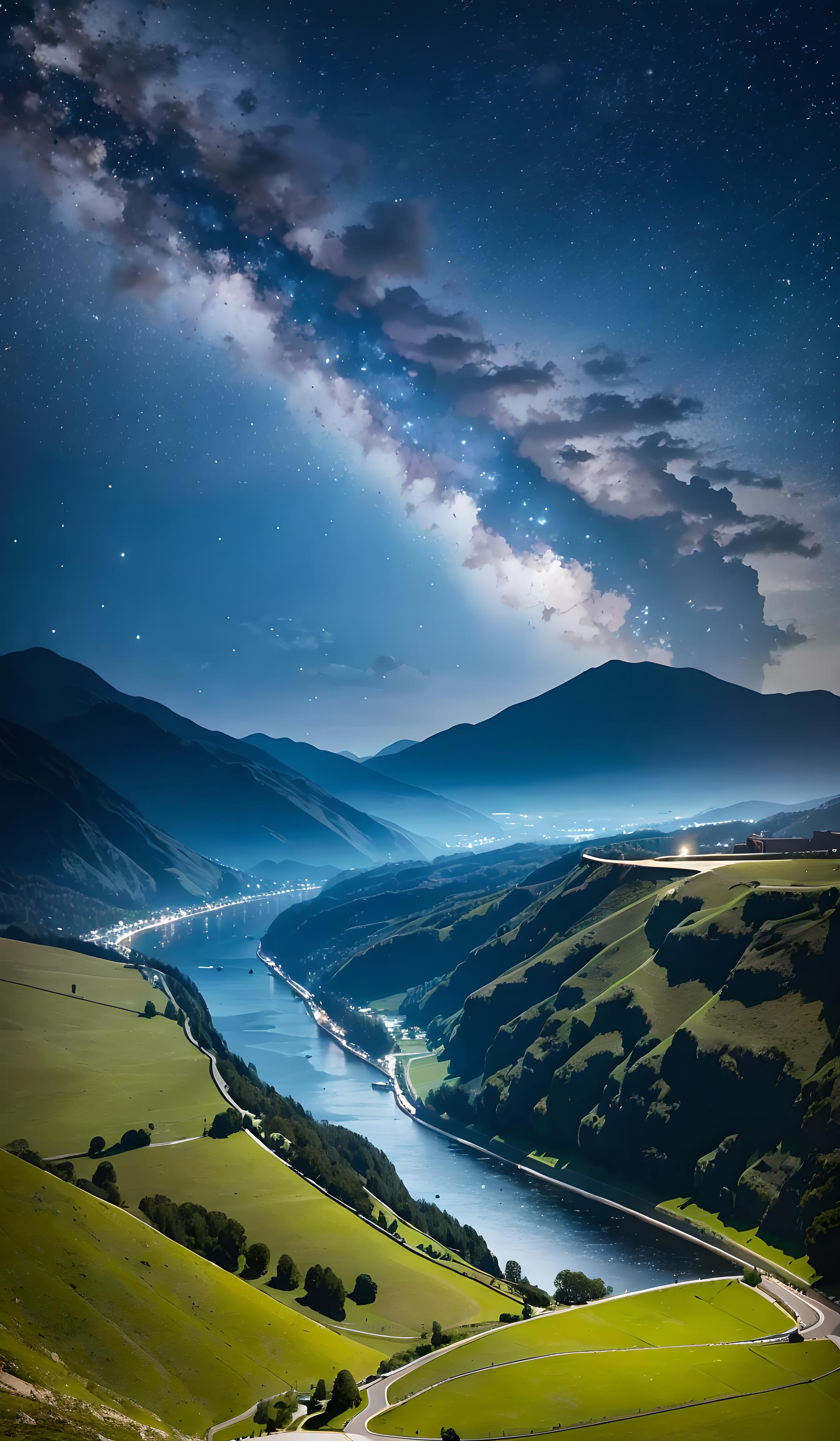 山水，天空，夜景