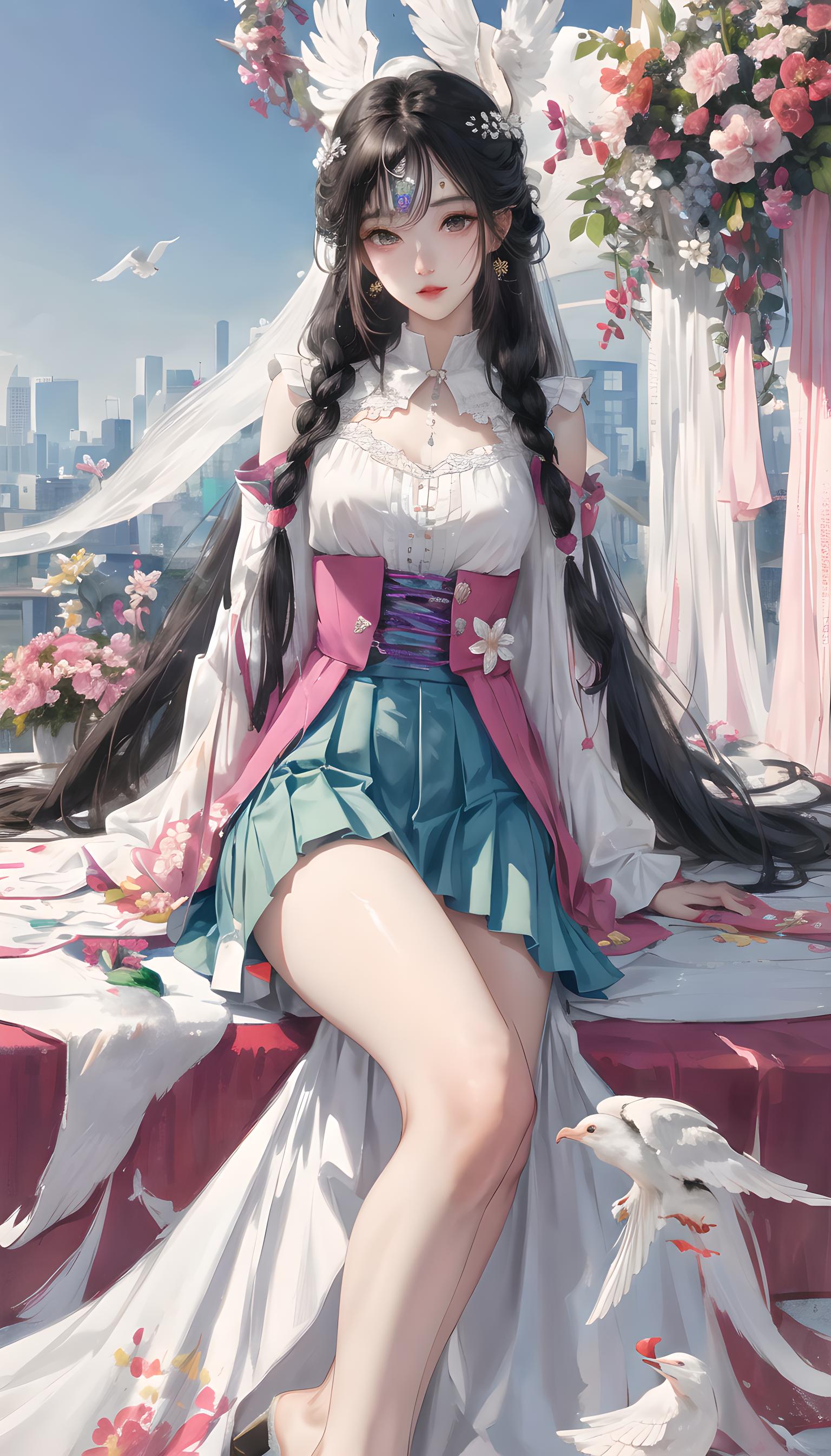 鲜花白鸽少女