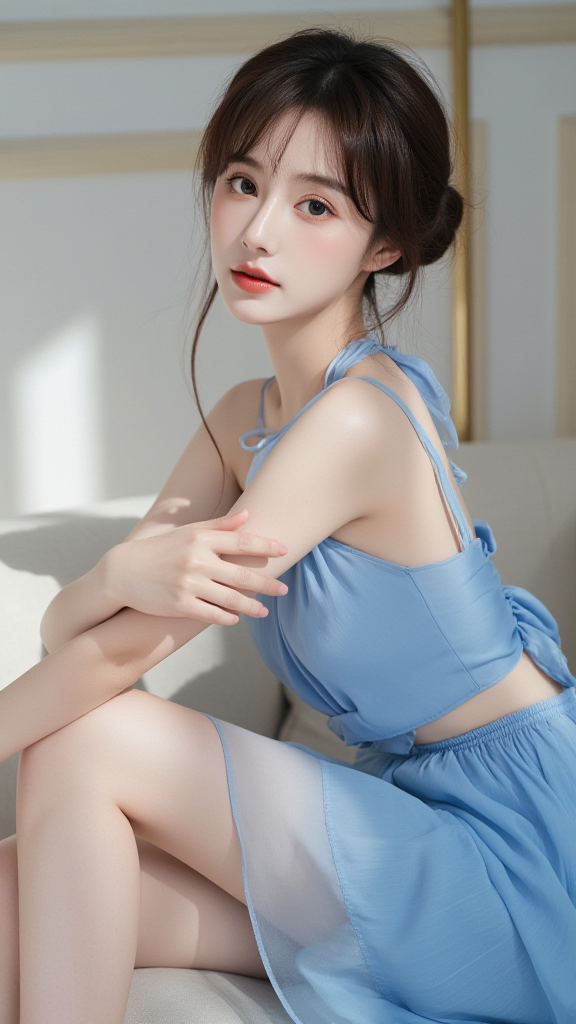 美女艺术照片蓝色连衣裙女孩