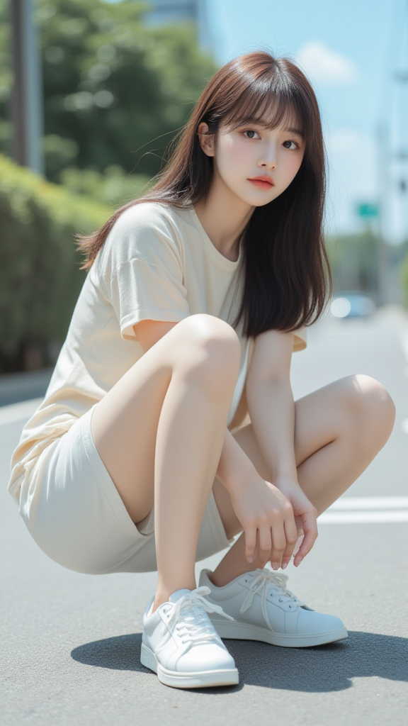 蹲在马路上的女孩