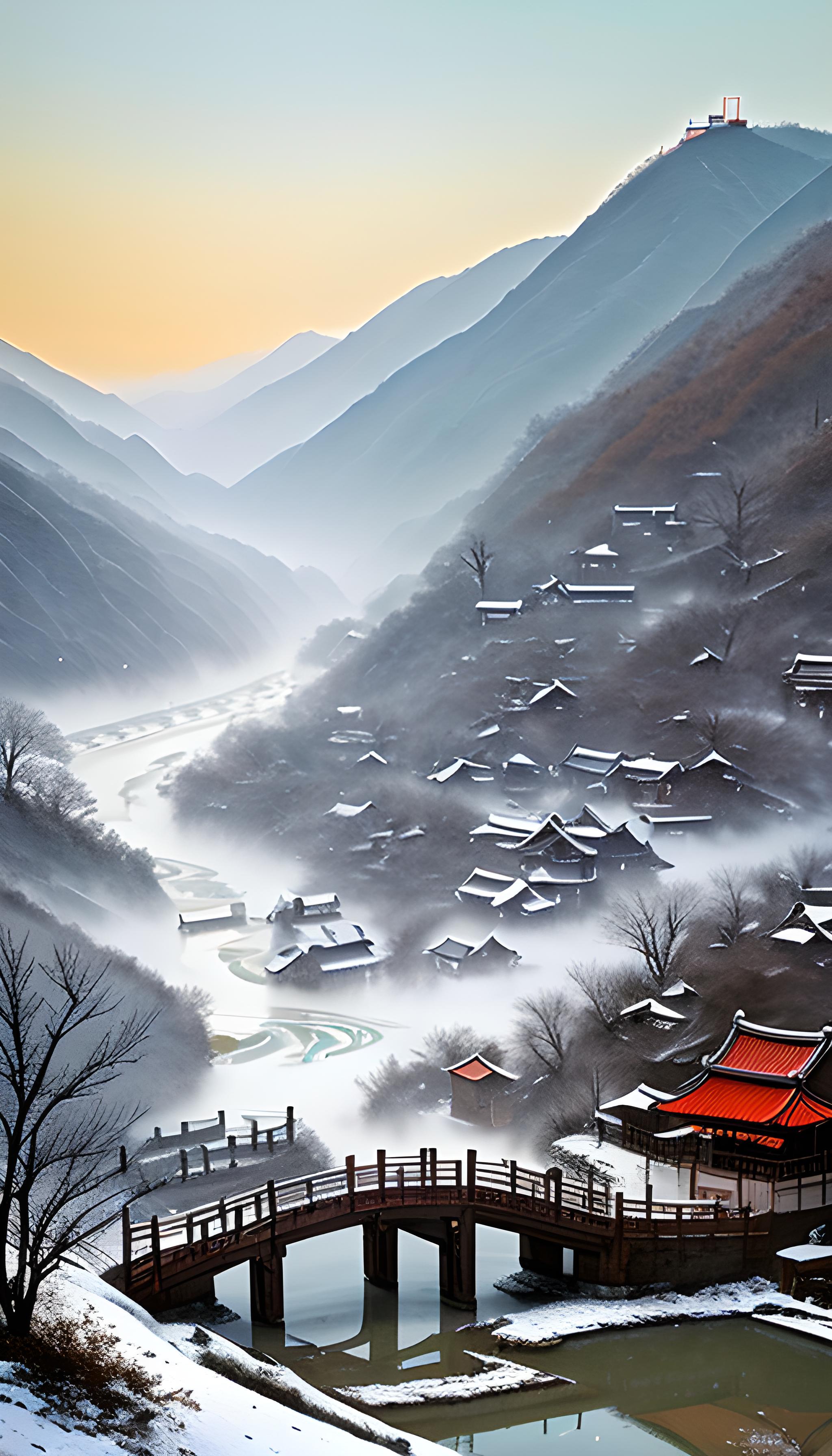 初冬山水画