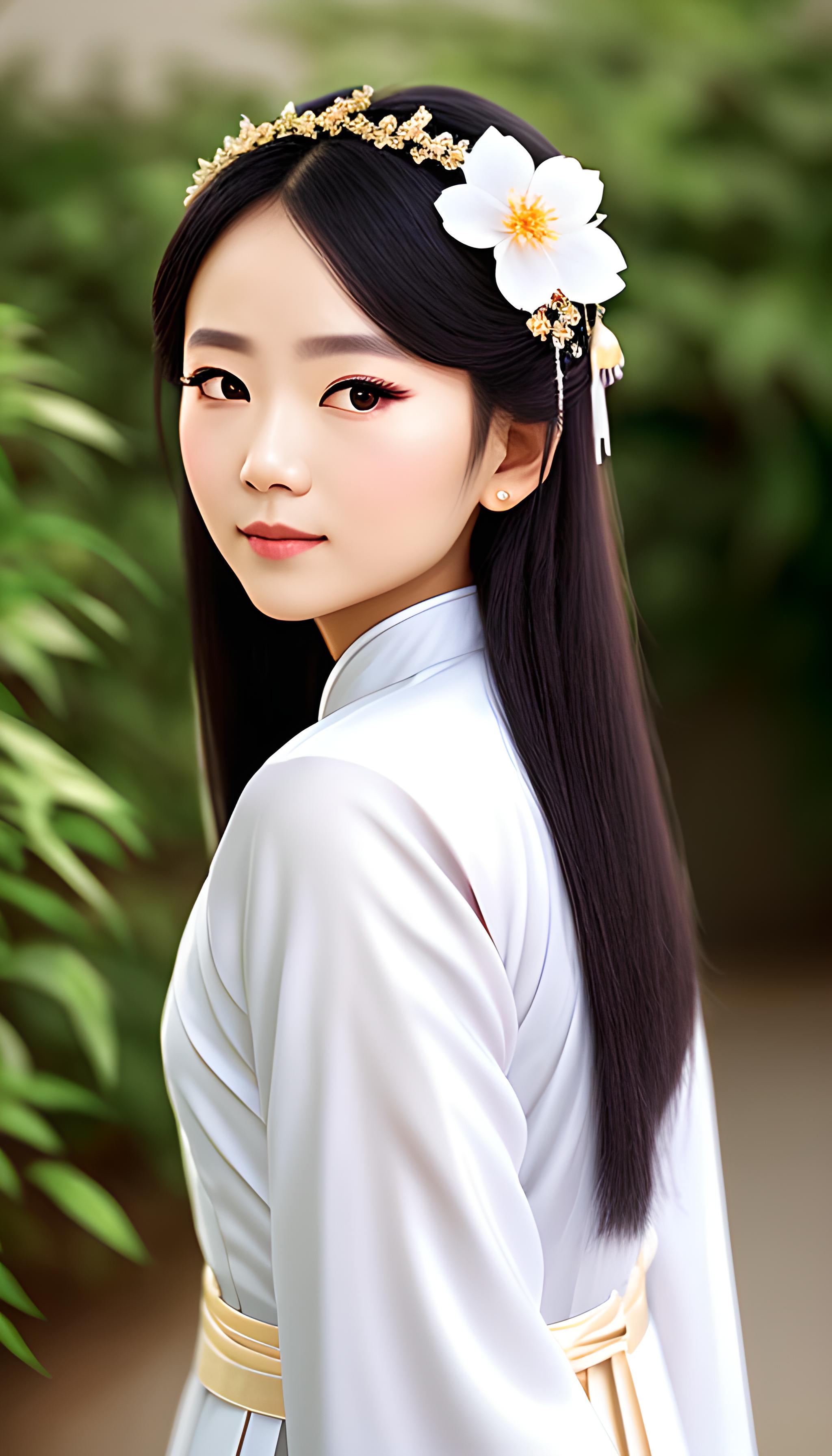 头上插花的少女